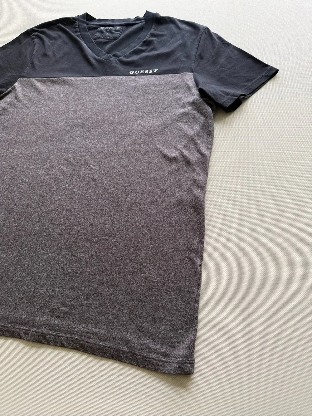 Guess Men's Two-Tone V-Neck T-Shirt in Black and Gray Heather - Picture 2 of 11